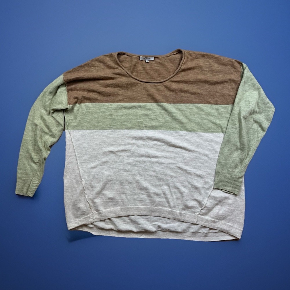 Madewell Palmdale Pullover Sweater Colorblock Stripe Sz M Tan Green Coastal